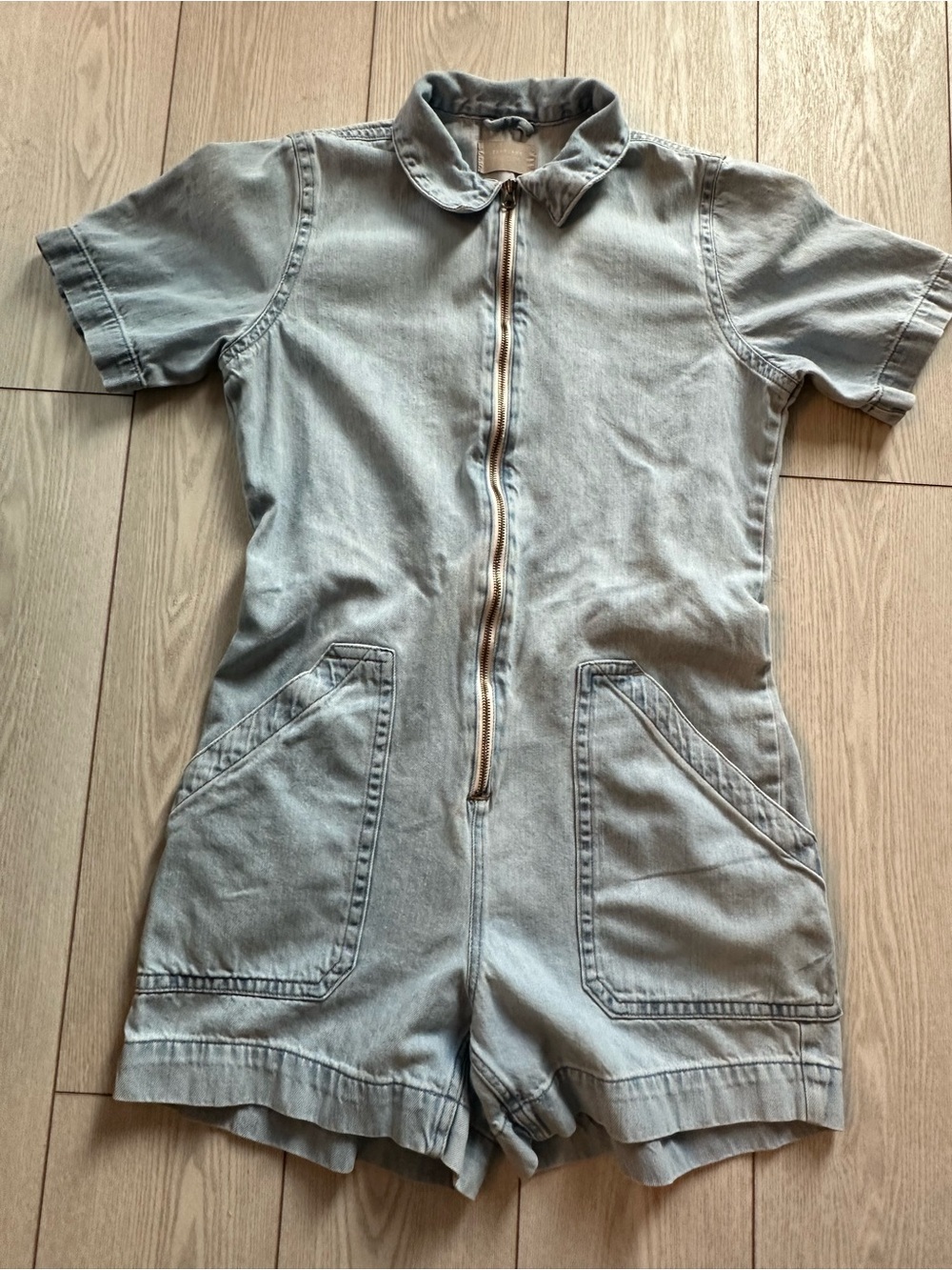 Everlane Light Gray Short-Sleeve Denim Romper with Front Zip